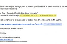 Mail de cambio de fecha en la entrega de Xbox One comprada en Amazon.