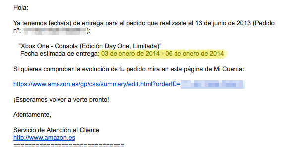 Mail de cambio de fecha en la entrega de Xbox One comprada en Amazon.