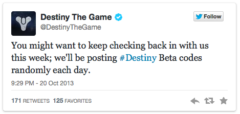 Tuit de Bungie sobre la beta de Destiny.